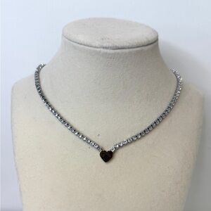 Silver Crystal Tennis Necklace with Heart Pendant